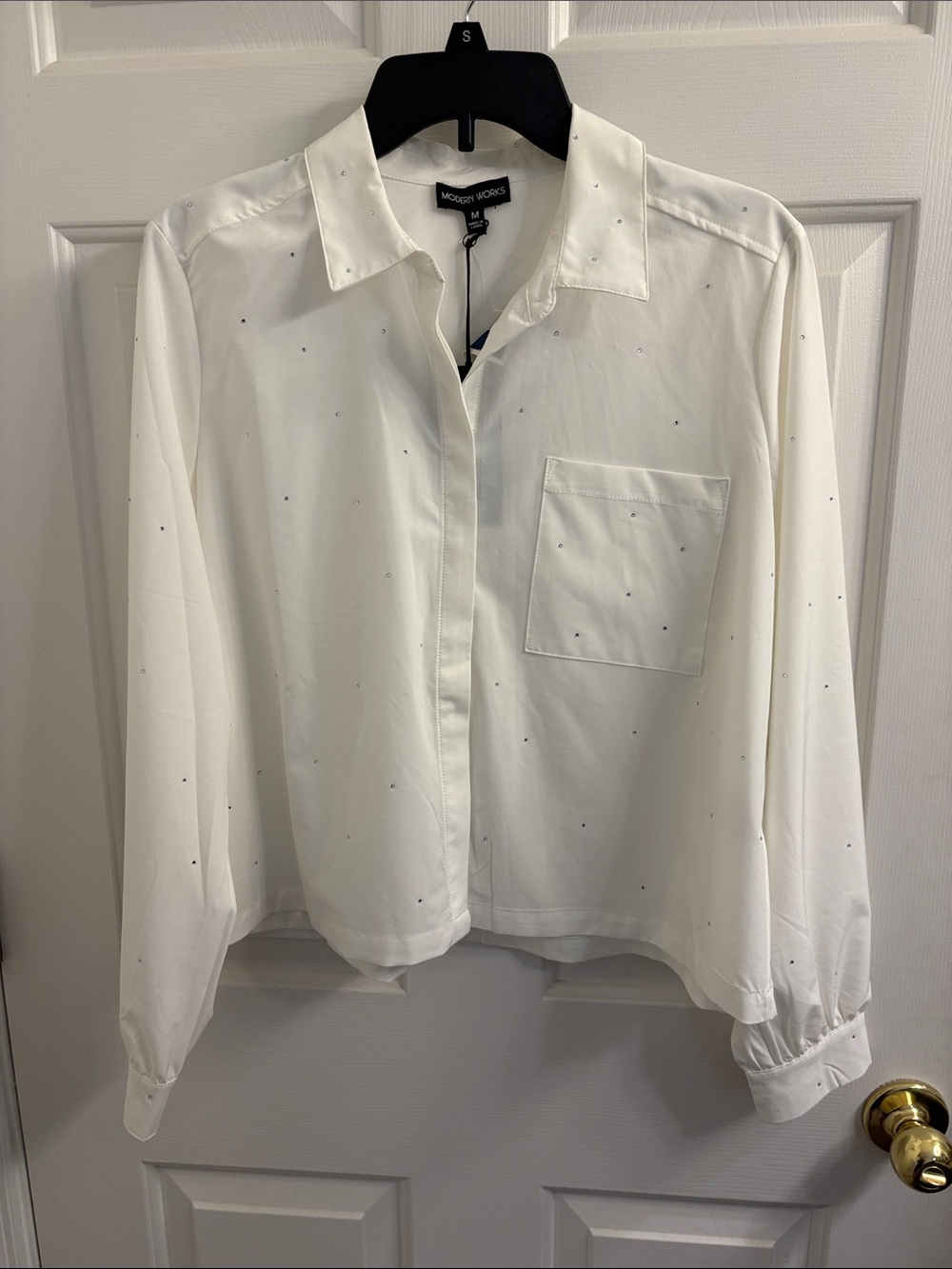 Modern Works White Button-Down Shirt with Subtle Rhinestones Embellishments